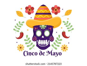 Cinco de Mayo Mexican Holiday Celebration Cartoon Style Illustration with Cactus, Guitar, Sombrero and Drinking Tequila for Poster or Greeting Card