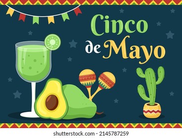 Cinco de Mayo Mexican Holiday Celebration Cartoon Style Illustration with Cactus, Guitar, Sombrero and Drinking Tequila for Poster or Greeting Card