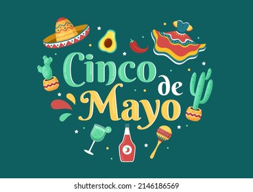 Cinco de Mayo Mexican Holiday Celebrated commemorated every year Cartoon Style Illustration with Cactus, Sombrero and Guitar and for Poster