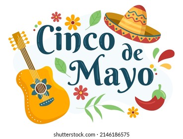 Cinco de Mayo Mexican Holiday Celebrated commemorated every year Cartoon Style Illustration with Cactus, Sombrero and Guitar and for Poster