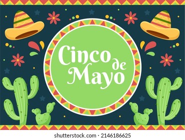 Cinco de Mayo Mexican Holiday Celebrated commemorated every year Cartoon Style Illustration with Cactus, Sombrero and Guitar and for Poster