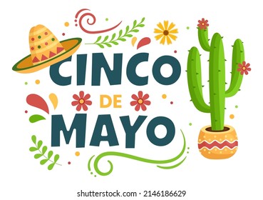 Cinco de Mayo Mexican Holiday Celebrated commemorated every year Cartoon Style Illustration with Cactus, Sombrero and Guitar and for Poster