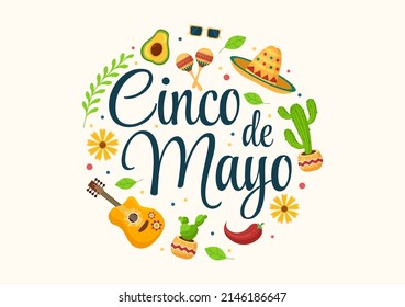 Cinco de Mayo Mexican Holiday Celebrated commemorated every year Cartoon Style Illustration with Cactus, Sombrero and Guitar and for Poster