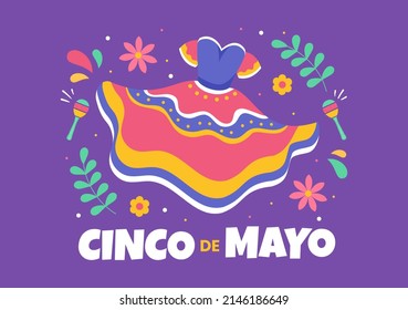 Cinco de Mayo Mexican Holiday Celebrated commemorated every year Cartoon Style Illustration with Cactus, Sombrero and Guitar and for Poster