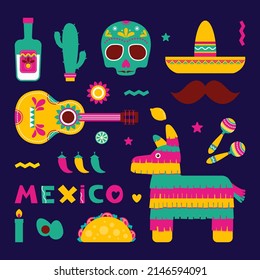 Cinco de Mayo Mexican Holiday elements set. Cinco de Mayo - May 5, federal holiday in Mexico. Fiesta poster design with flags, flowers, decorations