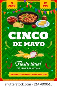 Cinco de Mayo mexican holiday flyer. Vector invitation for fiesta celebration with tex mex meals taco, fajitas, bean soup, corn, dragon or star fruit and sauce. Traditional Mexico party cartoon poster