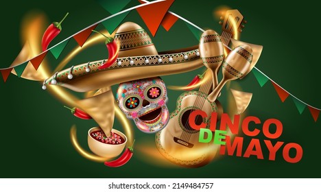 Cinco de Mayo mexican holiday. Sombrero hat, Maracas and Tacos and festive food with colors of Mexico flag. vector illustration.