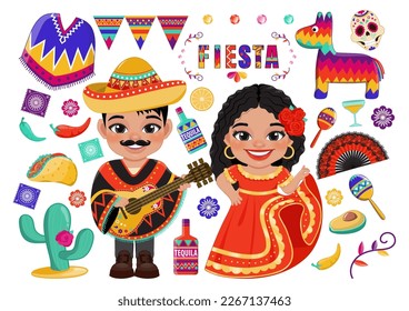 Cinco de Mayo Mexican Holiday with kids and elements set. Greeting card, poster and banner template design