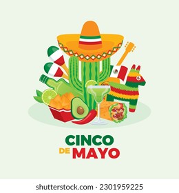 Cinco de Mayo Mexican holiday with mexican food and drink vector illustration. Mexican culture icon set vector. Cactus with sombrero and mexican symbols. May 5. Important day