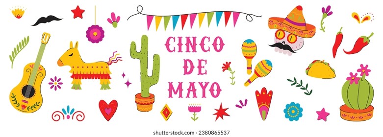 Fiesta de Cinco de Mayo Mexicano. Símbolos tradicionales mexicanos. Cactus, cráneo, pinata, guitarra, flores, pimienta roja. Colorida ilustración vectorial dibujada a mano.	
