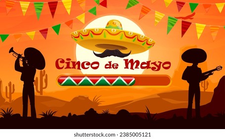 Cartel de carga de las fiestas mexicanas de Cinco de Mayo. Volante mexicano de carnaval, afiche del partido latino o tarjeta de invitación vector de celebración Cinco de Mayo con sombrero, bigote, siluetas de mariachi