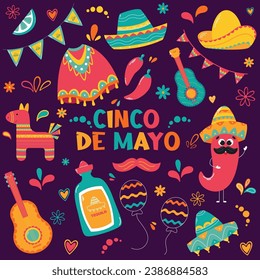 Cinco de Mayo. Mexican holiday celebration elements. Flat style. Set of objects with pinata, sambrero, chilli,  tequila, lime, flags. Vector illustration