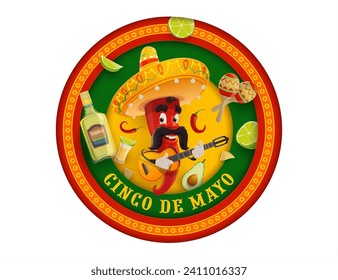 Cinco de Mayo mexican holiday round paper cut banner. Cartoon mariachi pepper character playing guitar, sombrero, maracas and tequila vector poster with 3d papercut layered border of ethnic pattern