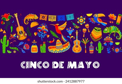 Cinco de Mayo mexikanische Feiertagsbanner mit Sombrero und Kakteen, Pinata und Tieren, Vektorhintergrund. Mexikanische Pappfahnen, Tequila und tropische Blumen im ethnischen Muster für Cinco de Mayo