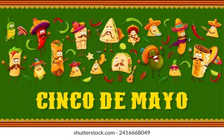 Cinco de Mayo Mexican holiday banner with Tex Mex food characters, vector cartoon background. Cinco de Mayo fiesta celebration with funny burrito in sombrero, tacos with guitar and mariachi nachos