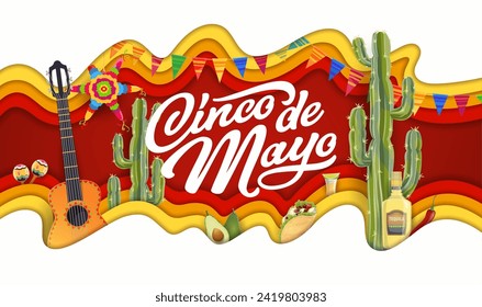 Cinco de mayo mexican holiday paper cut banner with traditional vector maracas, guitar, cacti, tequila and tex mex taco with avocado and pinata inside of layered 3d frame. National holiday of Mexico