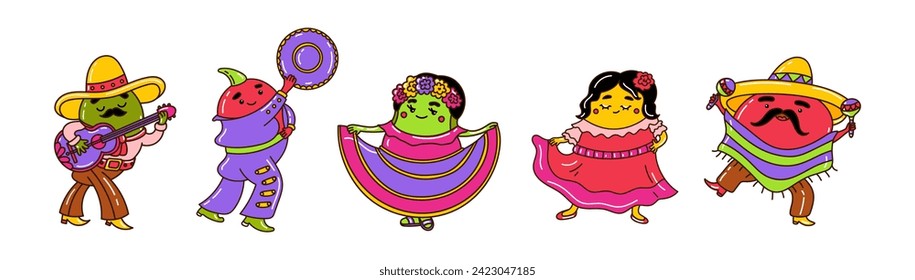 Cinco de Mayo Mexican Holiday greeting card design cute funny avocado and chili pepper characters. Bright traditional Hispanic clothes and dresses for music festival. Sombrero, guitar, dancers