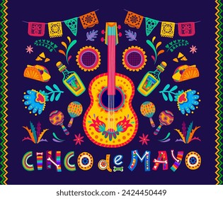 Cinco de Mayo mexikanisches Urlaubsbanner mit Gitarre, Papel Picado Fahnen, Essen und tropischen Blumen Vektor-Muster. Mexiko Fiesta Mariachi Gitarre, Maracas, Tequila, Tex Mex Tacos und Papier geschnitten Bunting