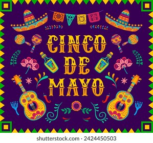 Cinco de mayo mexican holiday banner. Colorful background with cartoon vector guitar, sombrero hat, maracas, tequila and tropical flowers. Greeting card for traditional celebratory event of Mexico