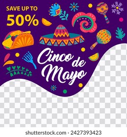 Cinco de Mayo mexican holiday sale offer banner template with sombrero, tropical flowers and plants. Vector Mexico fiesta hat, maracas and taco tex mex food web post layout with wavy border line