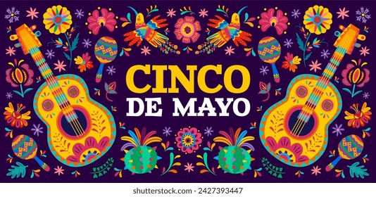 Cinco de Mayo Mexican holiday banner with tropical flowers, hummingbirds, guitars, maracas and cactuses, vector background. Cinco de Mayo fiesta Mexican ethnic ornament pattern of tropical plants