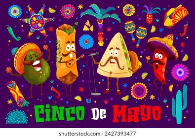 Cinco de Mayo mexican holiday banner with cartoon characters of tex mex food. Happy burrito, avocado, chili and quesadilla vector personages on Mexico fiesta party with sombrero, guitar and maracas