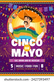 Cinco De Mayo Mexican holiday flyer with man character in sombrero with maracas, vector background. Mexican holiday celebration event or Cinco De Mayo fiesta poster papel picado flags and confetti