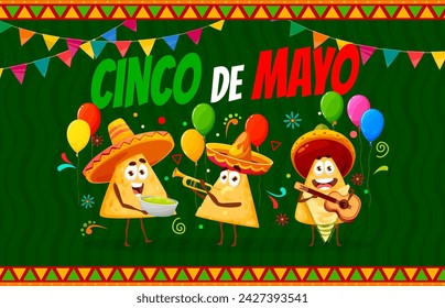 Banner de vacaciones mexicano del Cinco de Mayo con personajes musicales de nachos de Tex Mex, fondo del vector. Divertido nacho mariachi mexicano en sombreros con guitarra, trompeta y guacamole para Cinco de Mayo