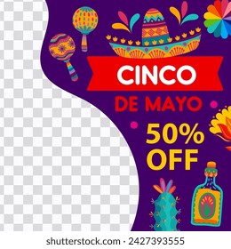 Cinco de Mayo mexican holiday sale banner template with discount offer. Vector sombrero hat, maracas, tropical flowers, cactus and tequila sale offer web post layout with wavy border line