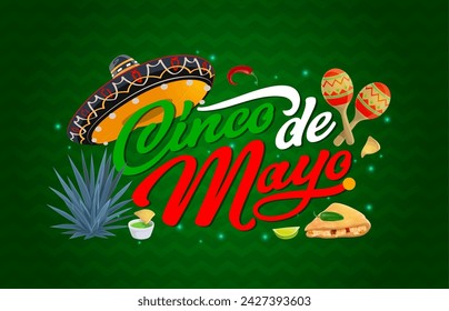 Banner de vacaciones mexicano del Cinco de Mayo con sombrero de sombrero, agave azul y maracas, fondo del vector. Guacamole y quesadilla, chile y chile jalapeño para la fiesta mexicana del Cinco de Mayo