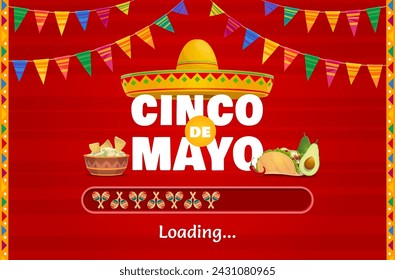 Barra de carga de la fiesta mexicana del Cinco de mayo, escala vectorial de celebración que exhibe sombrero, sombrero, comida tex mex como nachos, taco, aguacate y jalapeño con maracas que representan ricas tradiciones culturales