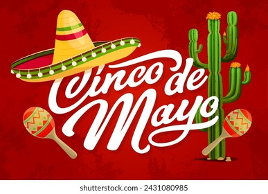 Cinco de Mayo Mexican holiday grunge banner with sombrero and cactus, vector background. 5 May or Cinco de Mayo fiesta and Mexico festival poster with traditional maracas and sombrero with ornament