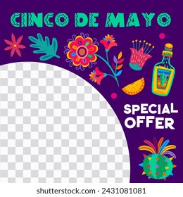 Cinco de Mayo mexican holiday special offer banner template with vector tropical flowers, cactus and tequila. Mexico fiesta sale social media post layout with round frame on transparent background