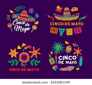 Fiesta mexicana del Cinco de Mayo. Folletos de celebración de la cultura hispana, banner vectorial de invitación de fiesta mexicana. Fondo de carnaval del Cinco de Mayo con sombrero de sombrero, guirnalda de picado y tequila