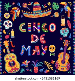 Cinco de mayo mexican holiday banner with calavera sugar skulls, toucan and sombrero hat, tropical flowers and guitar. Colorful cartoon vector greeting card for traditional celebratory event of Mexico