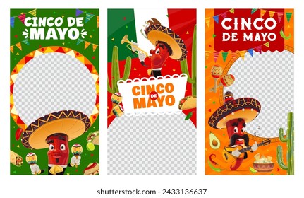 Cinco de mayo mexican holiday social media templates with chili pepper characters. Vector frames with red jalapeno or guindilla mariachi band personages in sombrero with maracas, guitar and trumpet