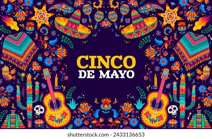 Cinco de mayo Mexican holiday banner. Greeting card with cartoon vector guitars, sombrero, chameleon, flowers and calavera sugar skull. Pyramid, bones, candle and maracas with pinata in alebrije style