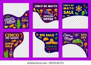 Cinco de Mayo mexican holiday big sale and special offer banners templates. Vector sombrero, maracas, tequila and tex mex food of Mexico fiesta, tropical flowers, cactus and pinata web posts set