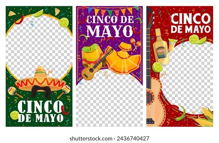 Cinco de Mayo Mexican holiday for social media template banners, vector frame and background. Cinco de Mayo holiday banners with sombrero and mustaches, guitar and maracas, poncho and tequila