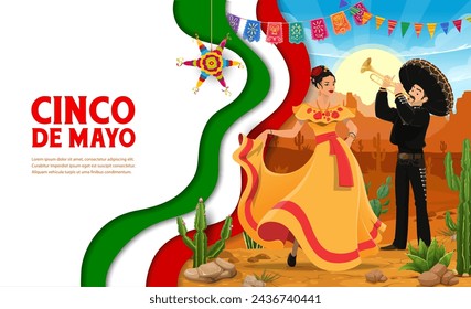 Cinco de mayo Mexican holiday paper cut banner with woman dancer and mariachi musician. Vector festive background with flamenco musical performance and cartoon latino man playing trumpet in desert