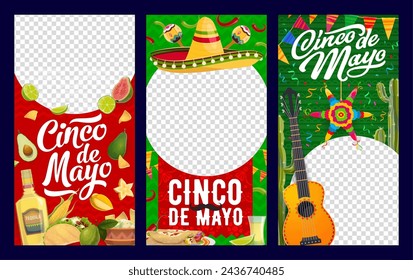 Cinco de Mayo mexican holiday templates, social media and blog posts. Mexico fiesta party vector banners with round frames and cartoon sombrero, guitar, maracas and pinata, tequila, chili and cactus