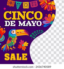 Plantilla de vector de banner de venta de vacaciones mexicanas de Cinco de Mayo. Pájaro de tucán de México, flores tropicales y papel picado banderas cortadas guirnalda diseño de oferta especial web post sobre fondo transparente