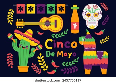 Cinco de Mayo Mexican Holiday elements set. federal holiday in Mexico. Flat vector illustration.