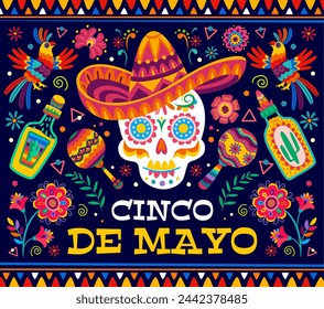 Cinco de mayo mexican holiday banner. Vector greeting card with colorful sugar skull donning a festive sombrero, surrounded by folk motifs of Mexico, tequila and maracas, celebrating cultural heritage