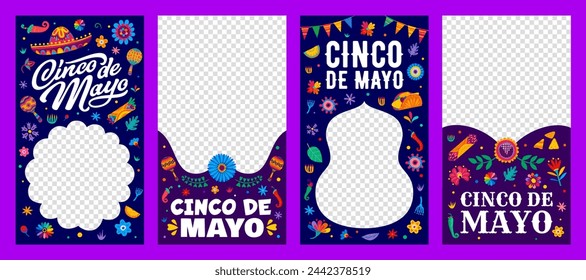 Cinco de mayo Mexican holiday social media templates. Vector vertical banners or frames, capture the festive spirit, share cultural pride, and spread joy with colorful Viva Mexico alebrije style