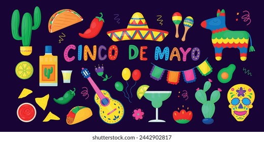 Cinco de Mayo Mexican Holiday elements set. Elements for greeting card, poster and banner template design