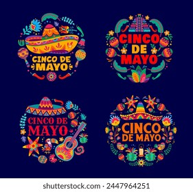 Cinco de mayo Mexican holiday round emblems. Vector labels with traditional festive items, like sombrero hat, maracas, flower and jalapeno peppers. Pyramid, guitar, pinata and toucan bird or cactus