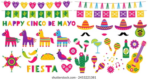 Cinco de Mayo, Mexican holiday, vector party elements (pinatas, sombreros, a guitar, cactus, avocado and decoration)