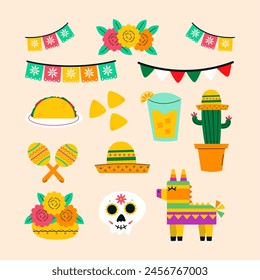 Conjunto de Elementos Festiva Mexicanos Cinco de Mayo. Conveniente para la tarjeta de felicitación, el cartel y el diseño de la Plantilla del Anuncio celebración del Cinco de Mayo.