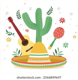 Cinco de mayo mexican holiday with maracas, guitar, cacti, National holiday of Mexico.